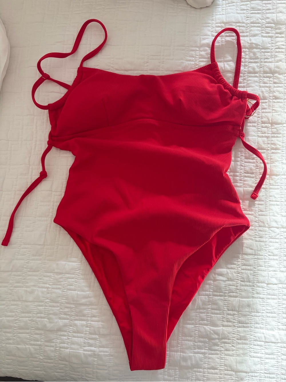 Red Ribbed One-Piece Swimsuit with Side Ties